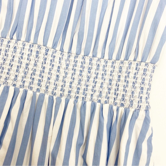 J. Crew Smocked Puff Sleeve Cotton Poplin Dress: Blue White Stripe Nautical - Picture 7 of 14